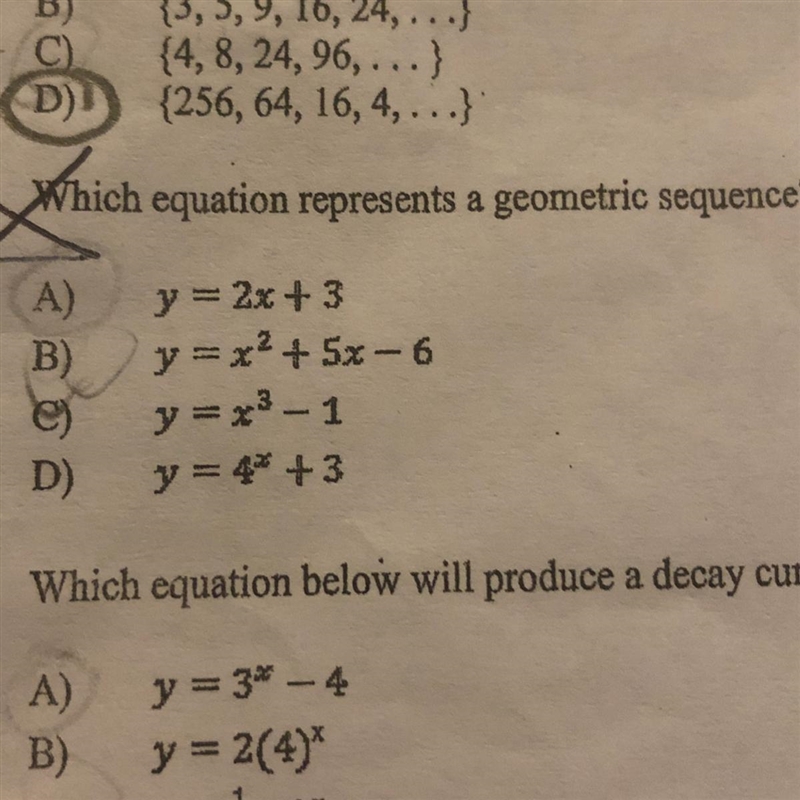 Which equation represents a geometric sequence? A. y=2x+3 B. y=x^2+5x-6 C. y=x^3-1 D-example-1