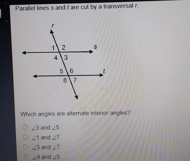 Parallel lines s and t are cut by a transversal r. ​-example-1