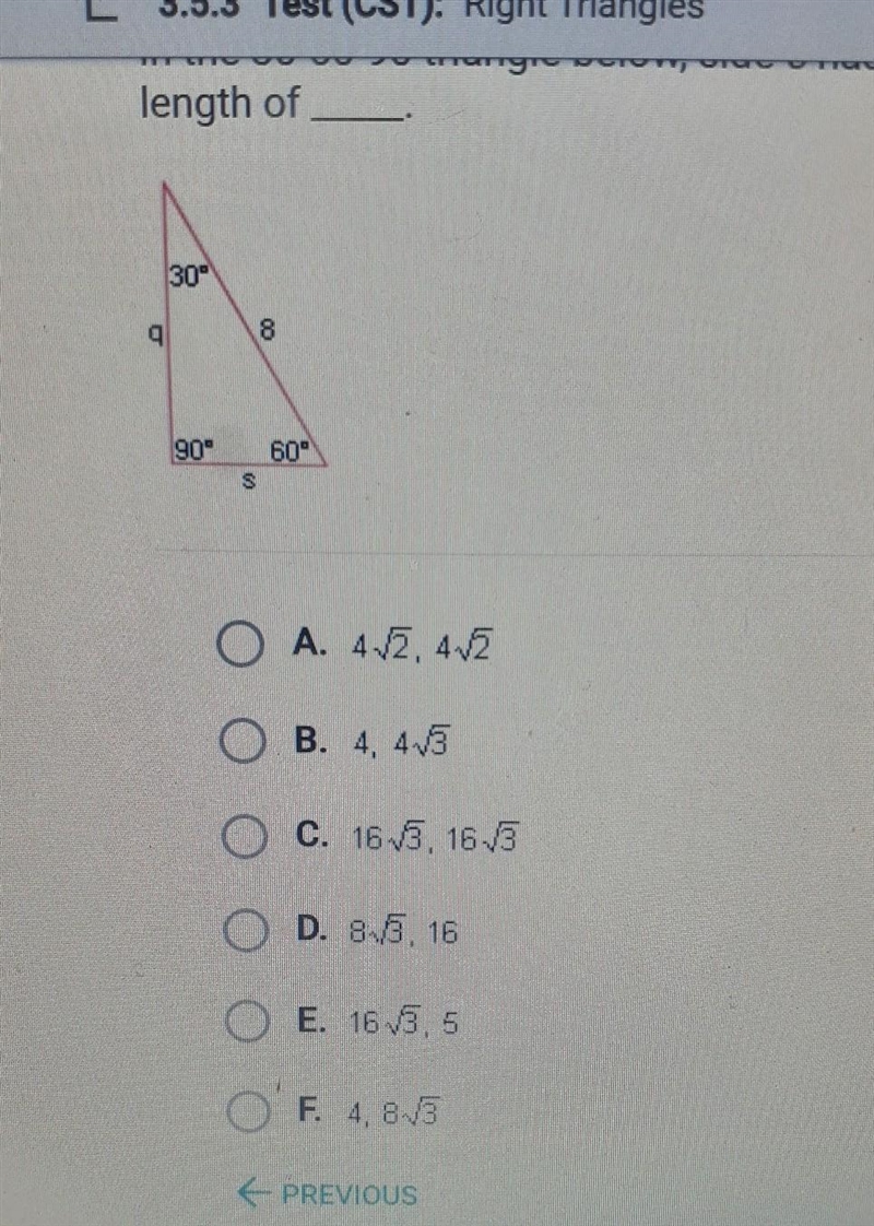 In the 30-60-90 triangle below, side s has a length of __and side q has a length of-example-1