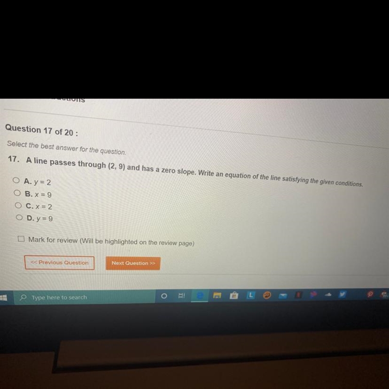 A line passes through (2,9) and has a zero slope-example-1