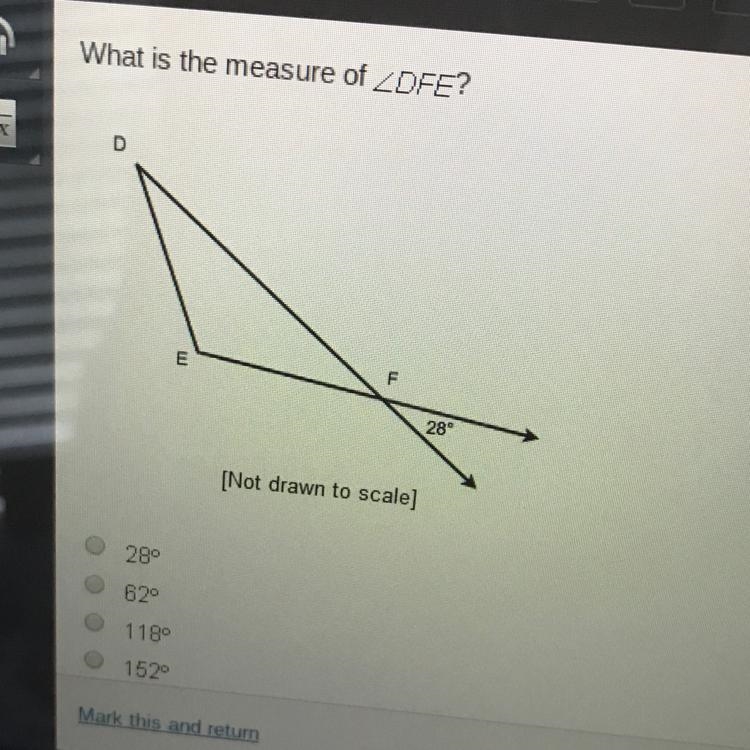 What is the measure of ZDFE? F 28° [Not drawn to scale]-example-1