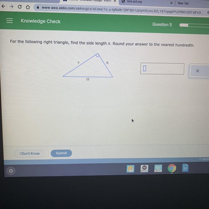 Knowledge Check: For the following right triangle, find the side length x. Round your-example-1