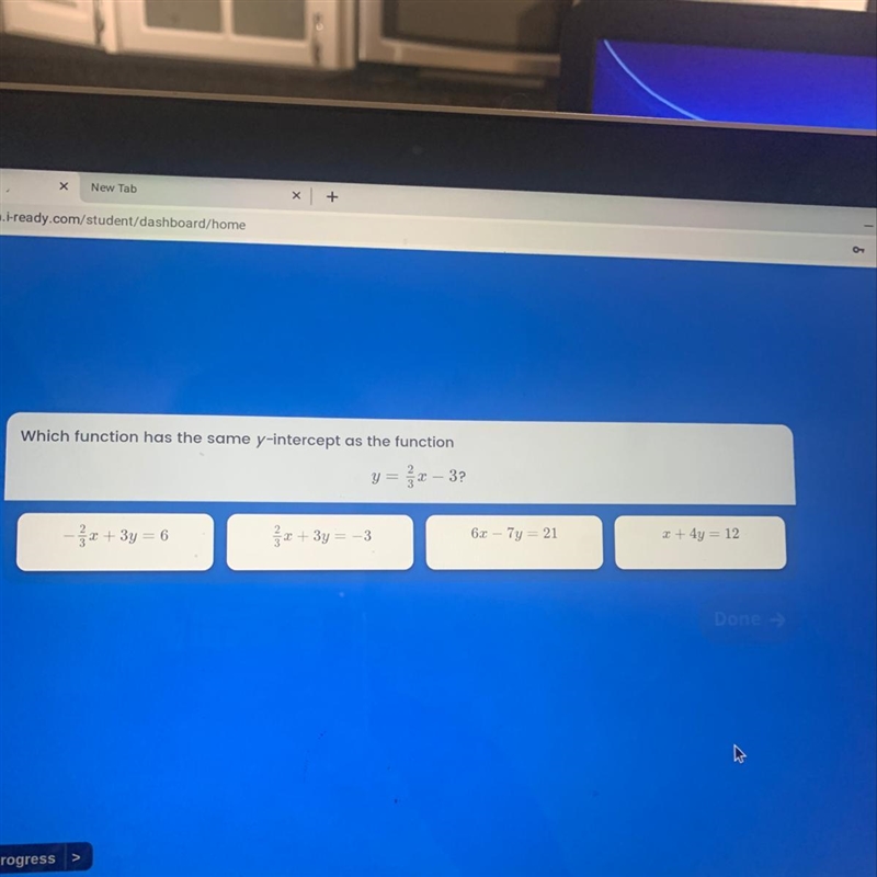 Which function has the same y-intercept as the function y = fx – 3?-example-1