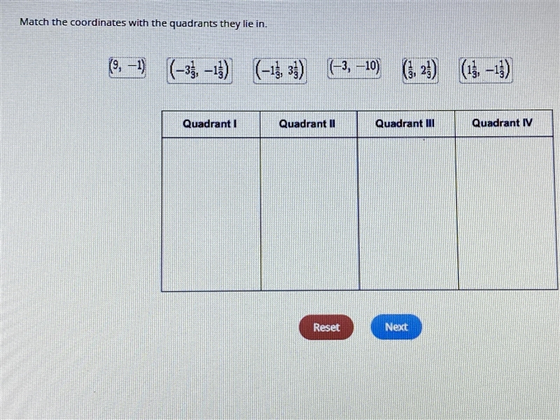 Help please?? Match the coordinates with the quadrants they lie in.-example-1