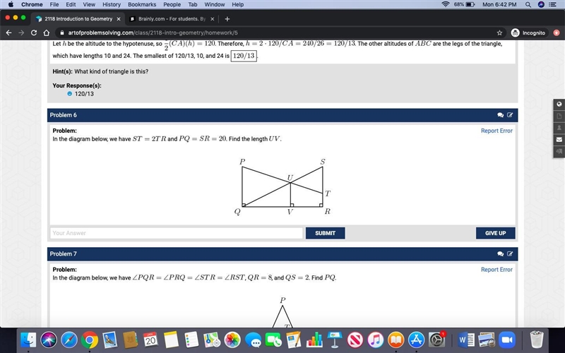 In the diagram below, we have $ST = 2TR$ and $PQ = SR = 20$. Find the length $UV$.-example-1