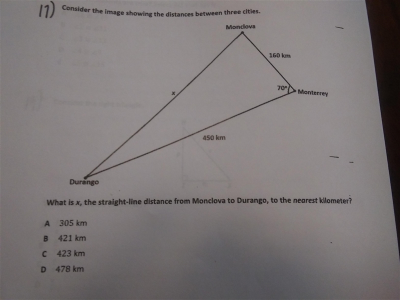 What is x, the straight-line distance from monclova to Durango, to the nearest kilometer-example-1