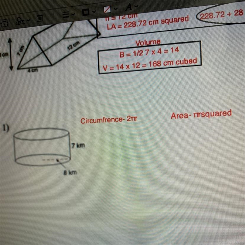 I can’t find the surface area and volume of this cylinder, can someone please help-example-1