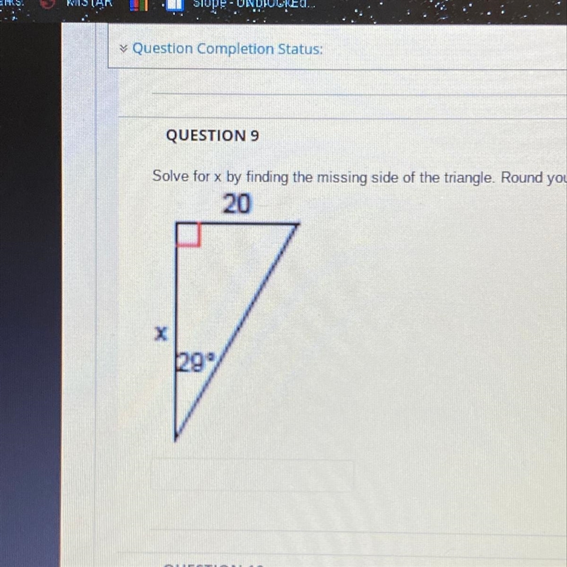 Solve for x by finding the missing side of the triangle. Round your answer to the-example-1