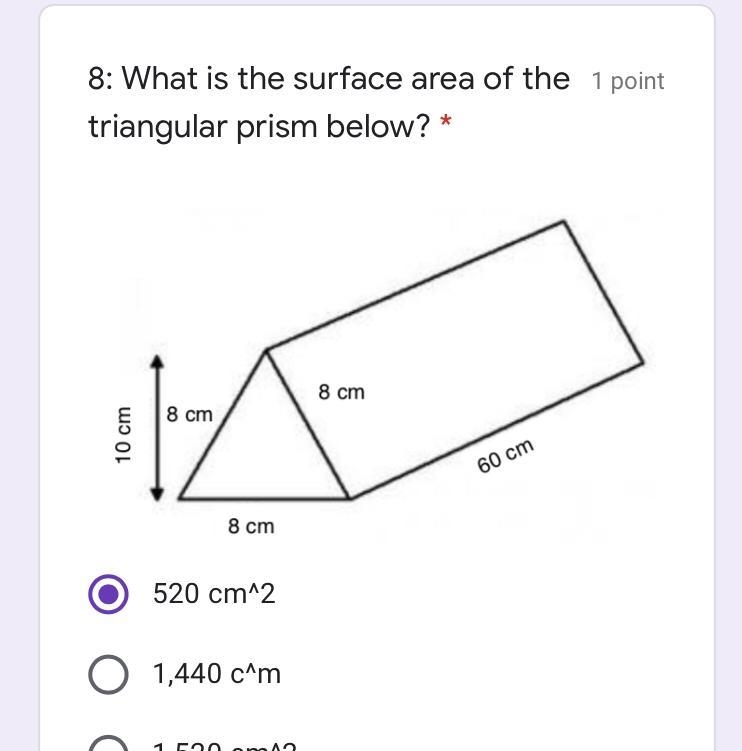 PLEASE HELP I ONLY HAVE 27 MINS LEFT! A: 520 cm^2 B: 1400cm^2 C: 1520cm^2 D: 1600cm-example-1