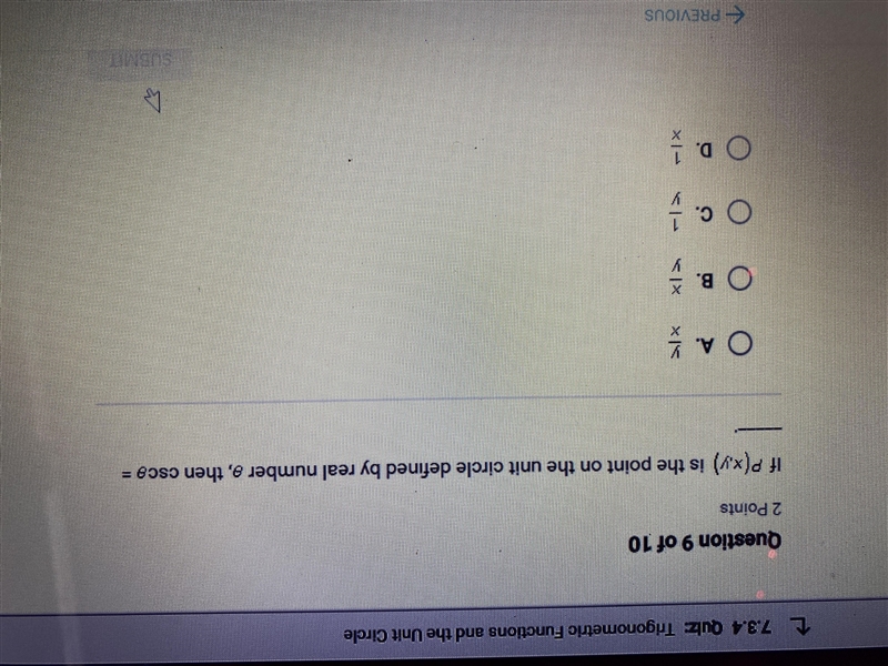 The point on the unit circle is defined by a real number thea then csc Thea is ?-example-1