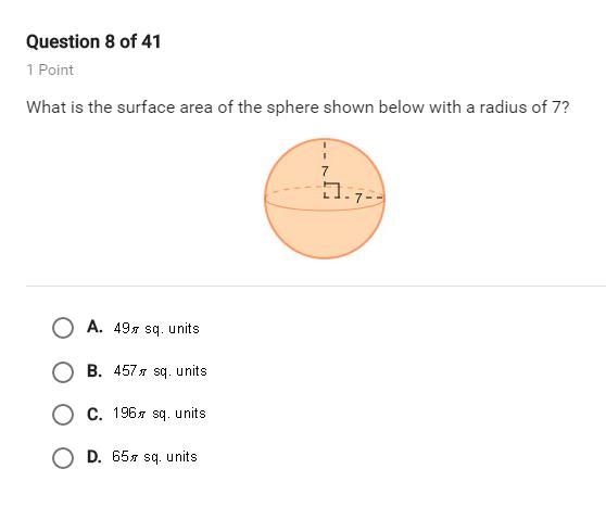 What is the surface area of the sphere shown below with a radius of 7?-example-1