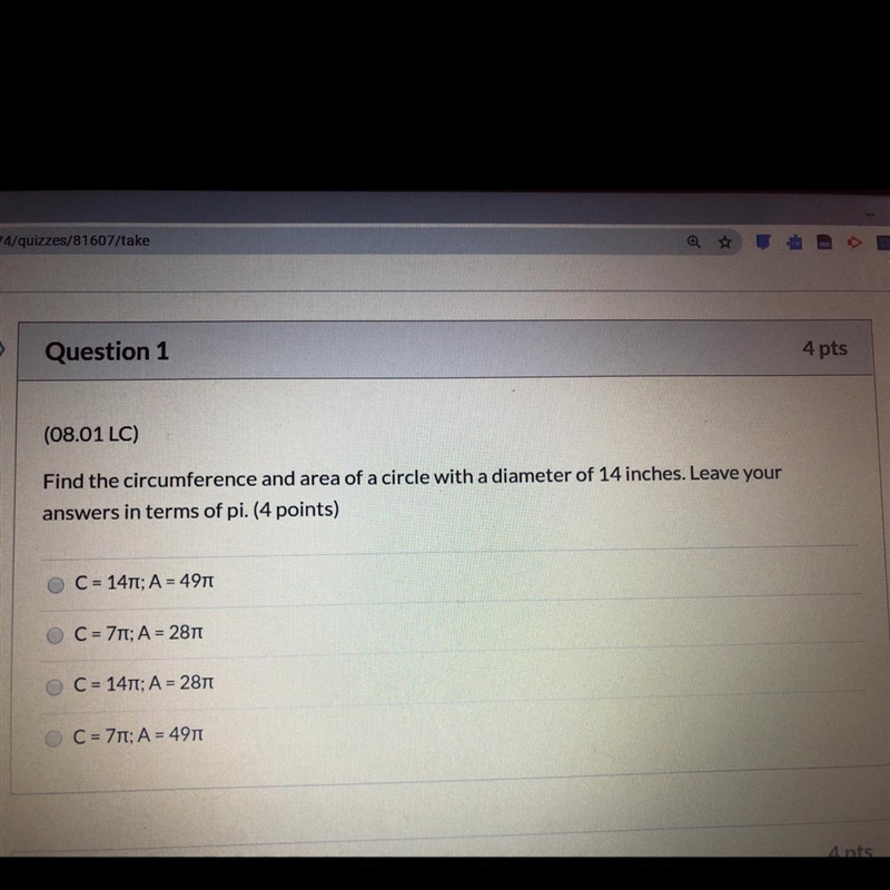 (08.01 LC) Find the circumference and area of a circle with a diameter of 14 inches-example-1