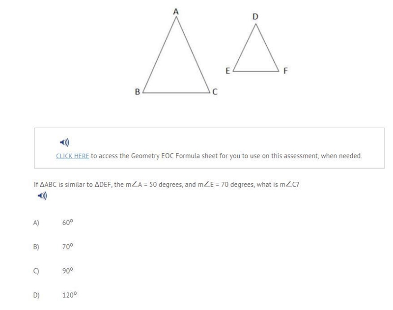 If ΔABC is similar to ΔDEF, the m∠A = 50 degrees, and m∠E = 70 degrees, what is m-example-1