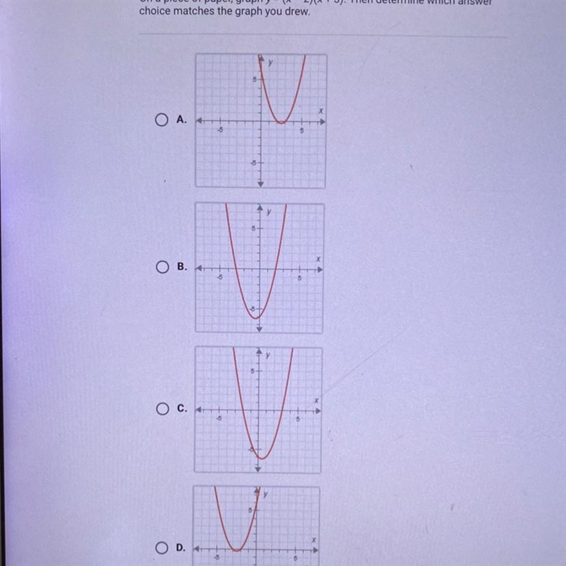 On a piece of paper, graph y=(x-2)(x + 3). Then determine which answer choice matches-example-1