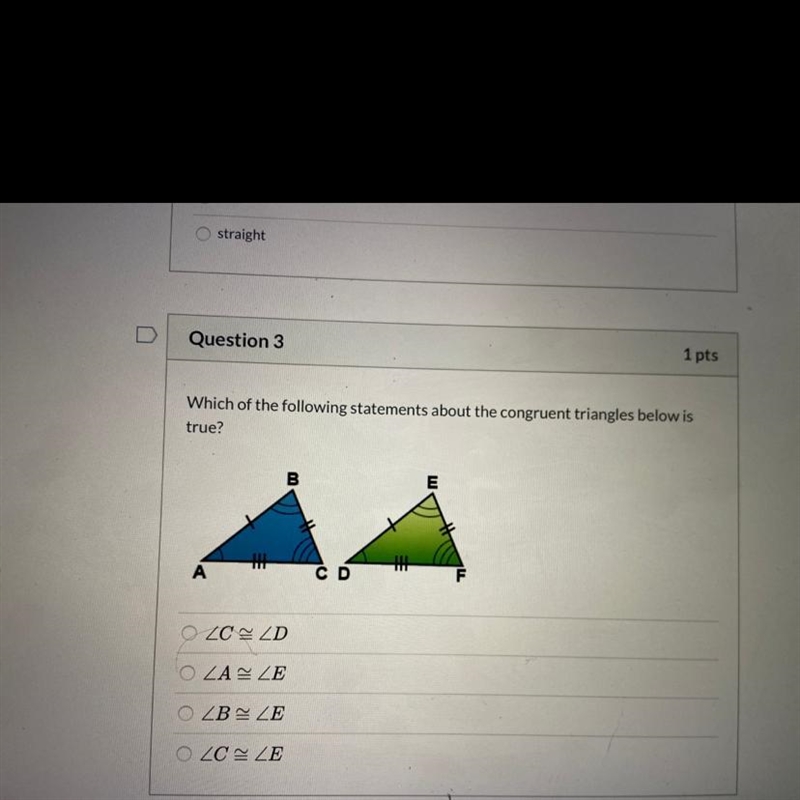 Which of the following statement about the congruent triangles below true? Please-example-1