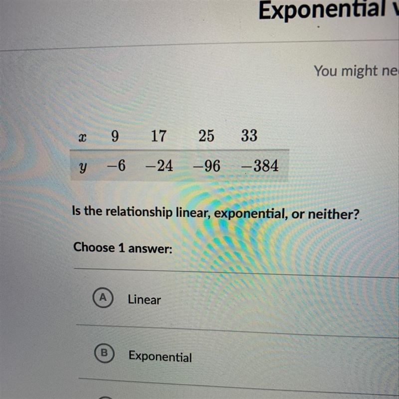 Is this linear, exponential, or neither?-example-1