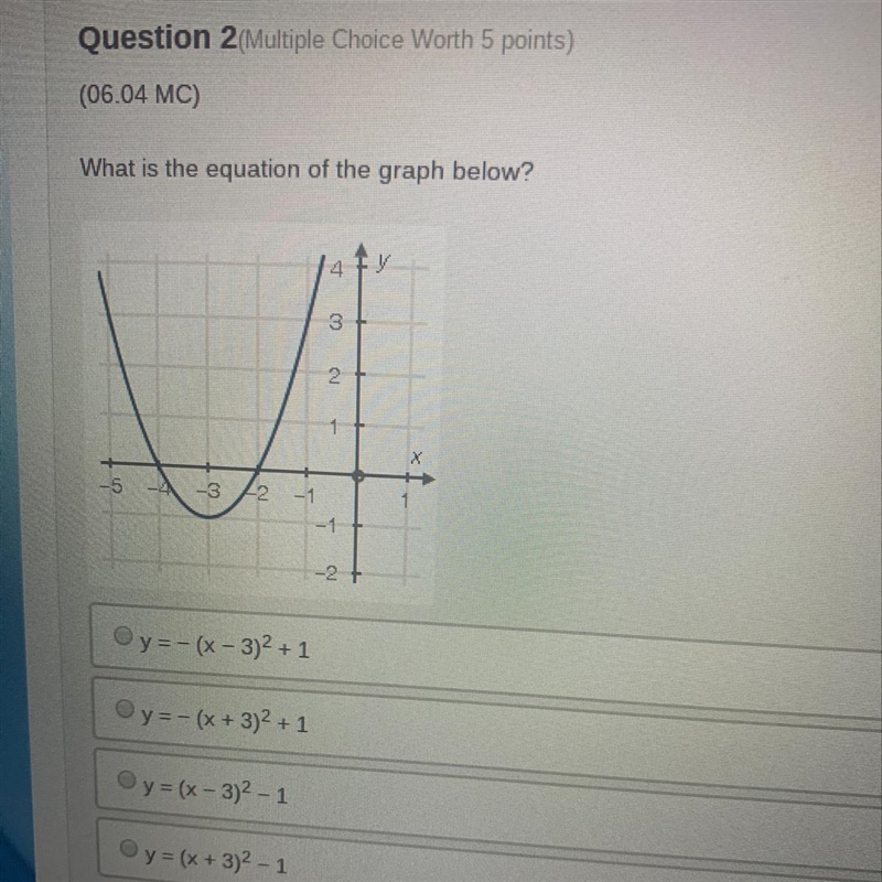 What is the equation of the graph below? A) y=-(x-3)^2 +1 B) y= - (x+3)^2 +1 C) y-example-1