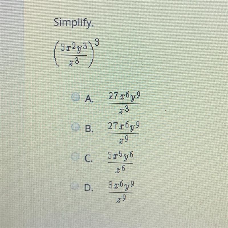 Simplify (3c^2y^3/z^3)^3-example-1