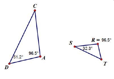 Which best explains the relationship between the two triangles below? A. ΔADC ~ ΔRTS-example-1