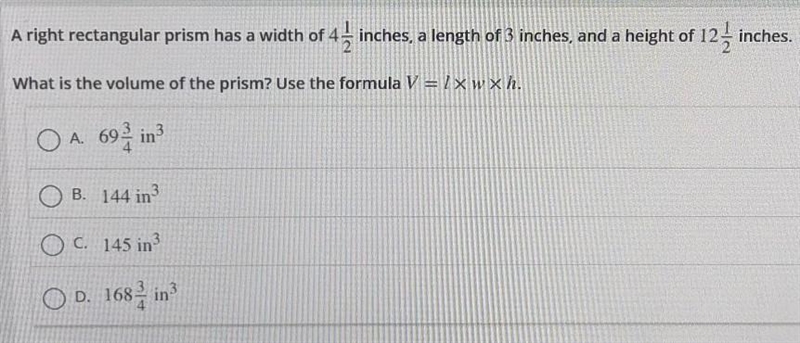 A right rectangular prism has a width of 4 1/2 inches, a length of 3 inches, and a-example-1