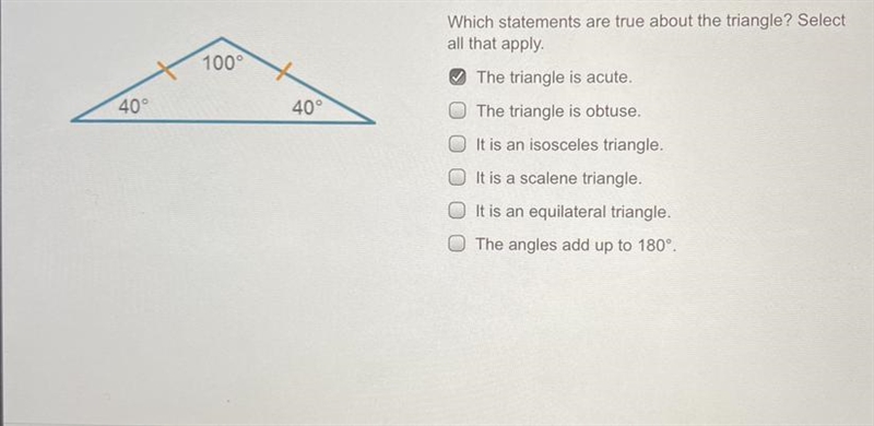 Which statements are true about the triangle? Select all that apply.-example-1