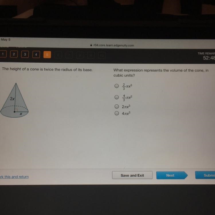 The height of a cone is twice the radius of its base. What expression represents the-example-1