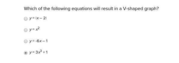 Which of the following equations will result in a V-shaped graph?-example-1