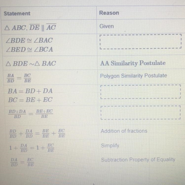 Given: ABC, DE || AC Prove: DA/BD = EC/BE Drag and drop a reason to each box to complete-example-1