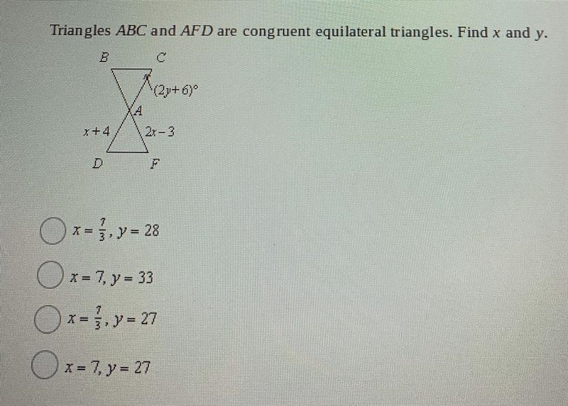 Triangles ABC and AFD are congruent equilateral triangles. Find x and y.-example-1