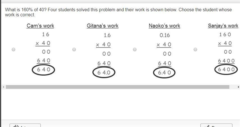 What is 160% of 40? Four students solved this problem and their work is shown below-example-1