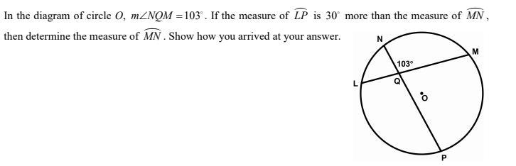 In the diagram of circle O, m NQM  103 . If the measure of LP is 30 more than-example-1