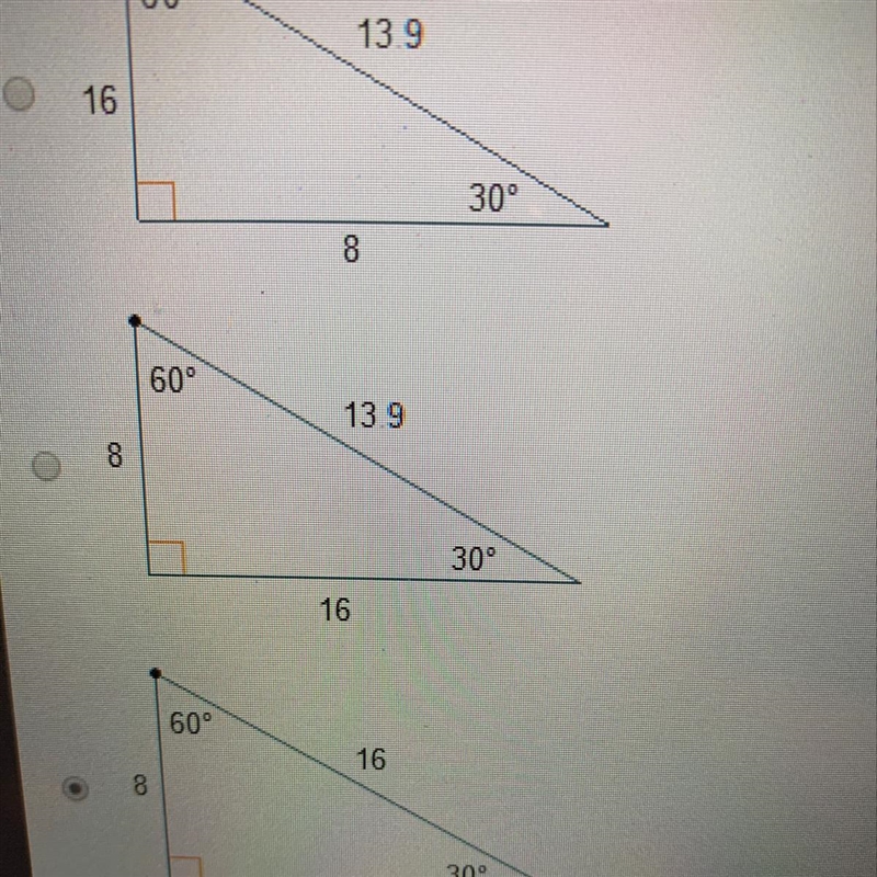 Based on the given angle measures which triangle has side length measures that could-example-1