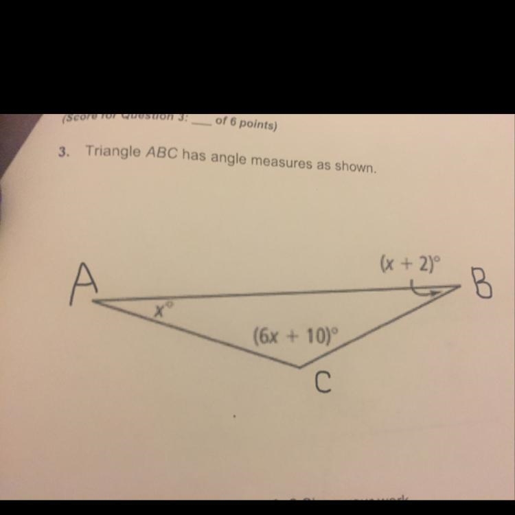 3. Triangle ABC has angle measures as shown. (x + 2) (6x + 10) (a) What is the value-example-1