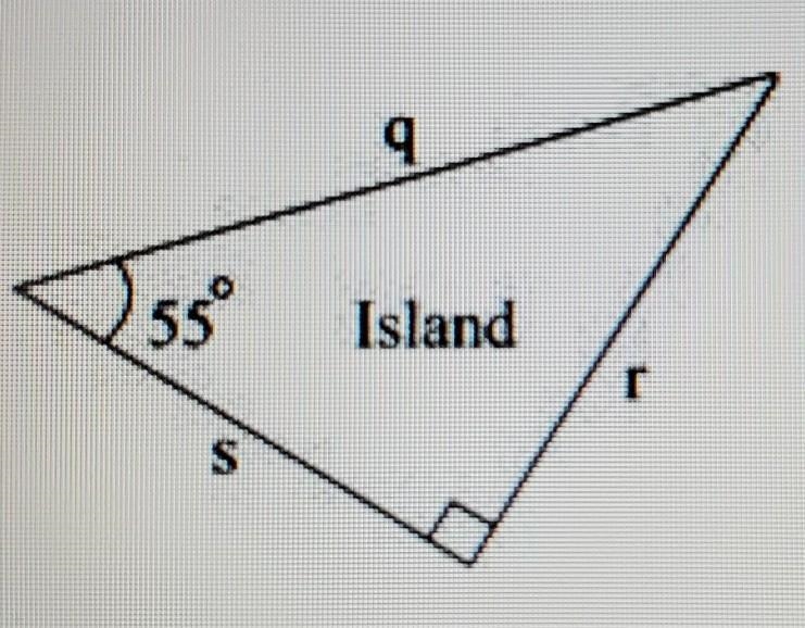 The picture shows a triangular island: Which expression shows the value of q? A. r-example-1