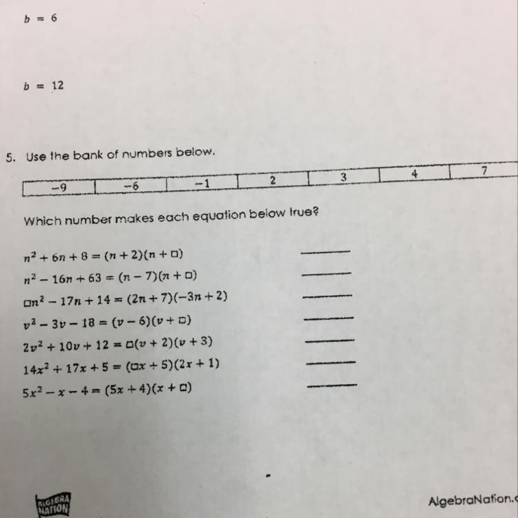 Use the bank of numbers below, Which number makes each equation below true? 72 6n-example-1