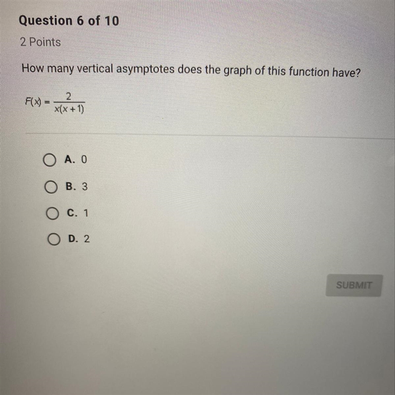 How many asymptotes does the graph of this function have? F(x)=2/x(x+1)-example-1