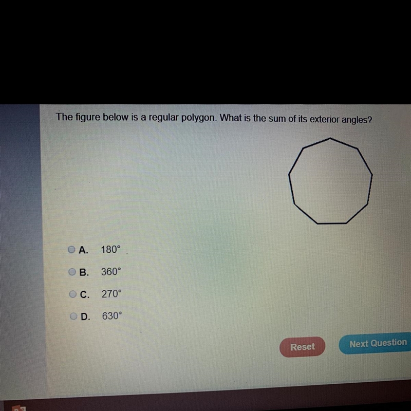 Figure below is a regular polygon what is the sum of its exterior angles?-example-1