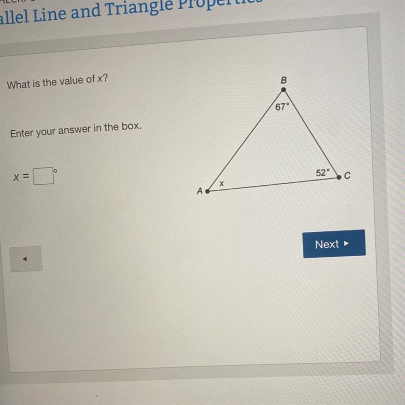 HELP ASAP PLEASE !!! Parallel Line and Irlangte What is the value of x? Enter your-example-1