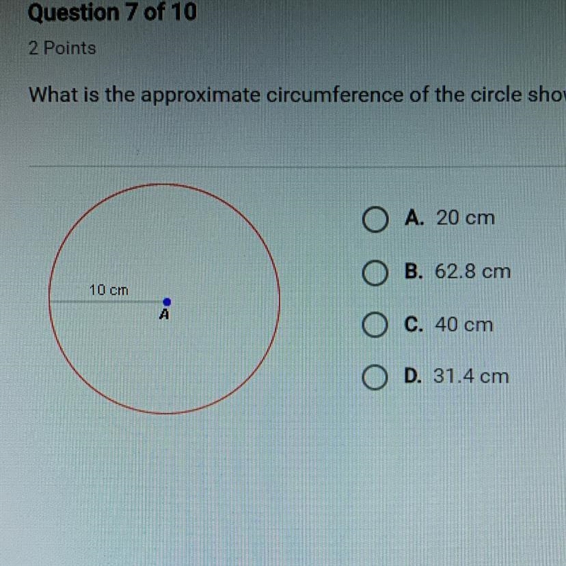 What is the approximate circumference of the circle shown below? Plz help-example-1