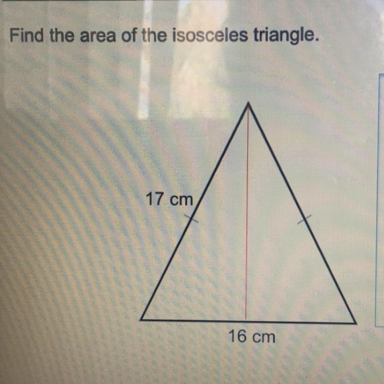 Find the area of this isosceles triangle. Pythagoras’ theorem-example-1