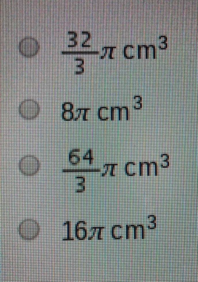 The diameter of sphere is 4 centimeters. Which represents the volume of the sphere-example-1