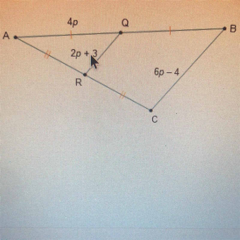 ASAPP!! Points Q and R are midpoints of the sides of triangle ABC. What is AQ? 10 units-example-1