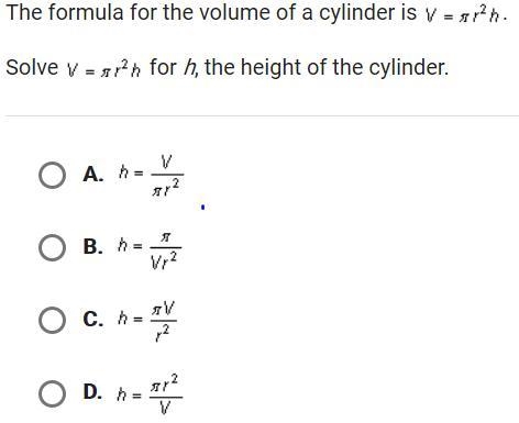 The formula for the volume of a cylinder is V =-example-1