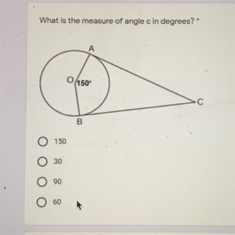 What is the measure of angle c in degrees? * 150 30 90 60-example-1