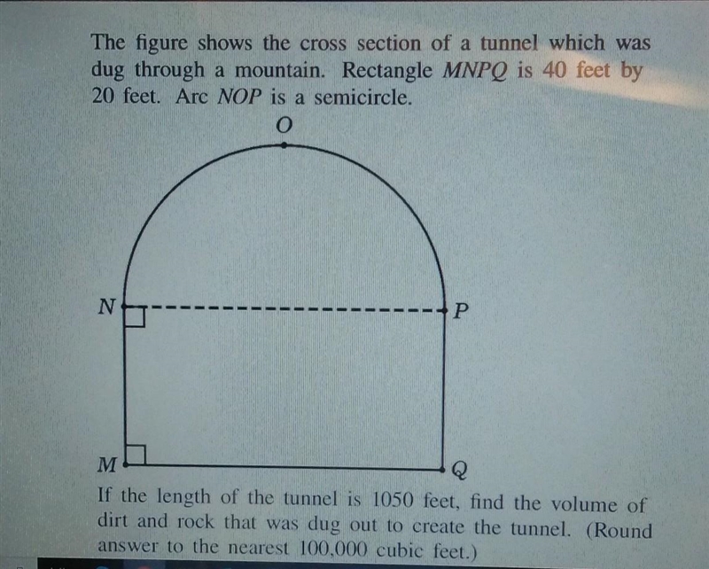 The figure shows the cross section of a tunnel which was dug through a mountain. Rectangle-example-1