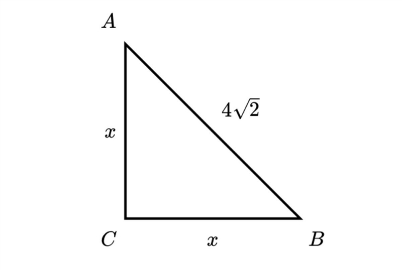 In the triangle shown, AC=BC and AB=4√2 how long are each of the legs Is the answer-example-1