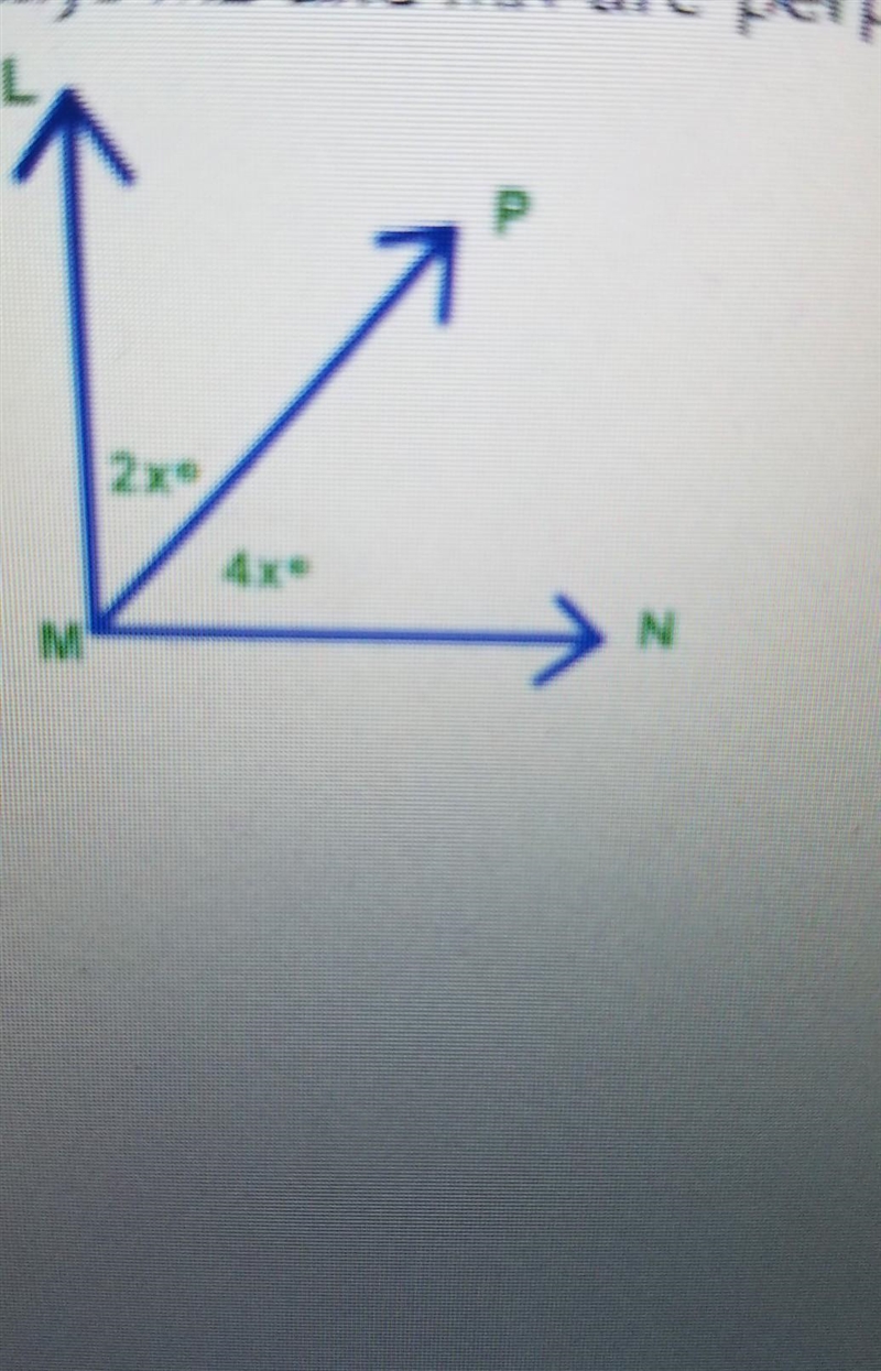 Ray ML and MN are perpendicular. ray MP ia an angel bisector. find the value of x-example-1