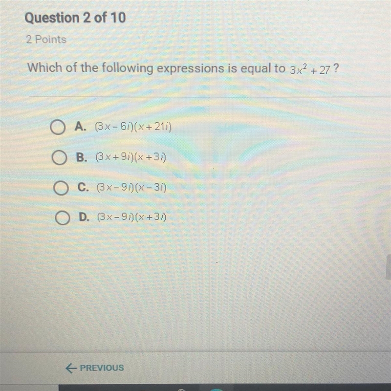 Which of the following expressions is equal to -3x2 +27?-example-1