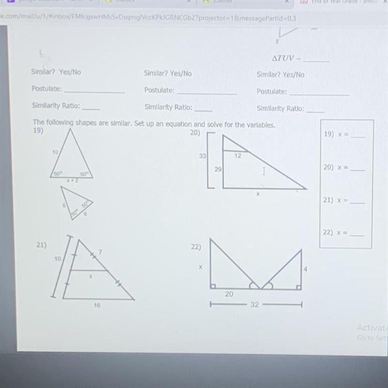 The following shapes are similar. Set up equation and solve for the variables-example-1