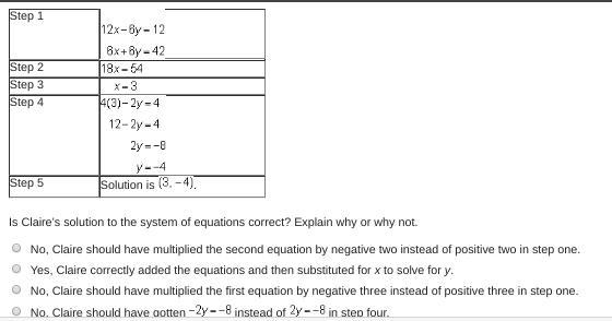 Claire completed the steps to solve the system of equations.-example-1